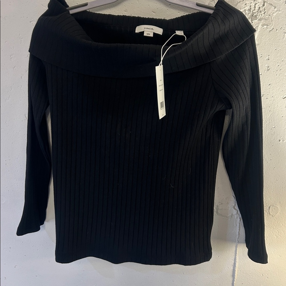 Vince black ribbed off shoulders top shirt NEW